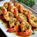 A plate of steamed prawns drizzled with a savory garlic sauce, garnished with chopped spring onions and fresh coriander.