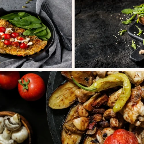 A top-down view of three delicious dishes—smash burgers, chicken fajitas, and a hearty breakfast scramble—freshly cooked on a Blackstone griddle, with vibrant ingredients and rich textures.
